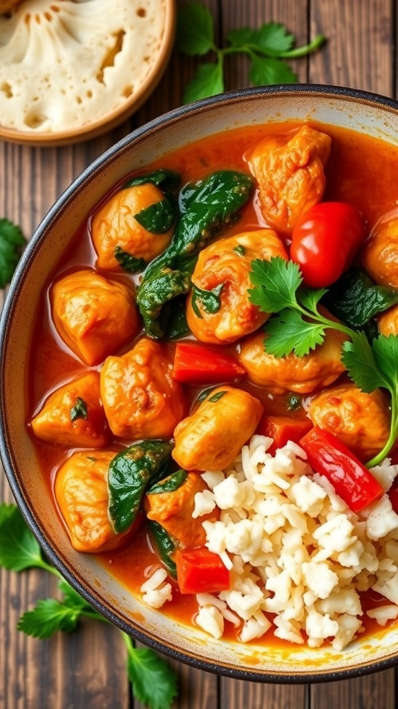 A bowl of chicken curry with vegetables, garnished with cilantro, served with cauliflower rice.